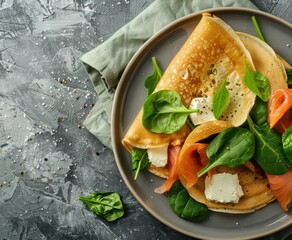 Poster - Top view of crepes with smoked salmon cheese and spinach on gray background for Maslenitsa