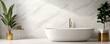 © Chayada - Elegant minimalist bathroom with large marble tiles, freestanding tub, and gold accents, Quiet Luxury, photorealistic, serene ambiance