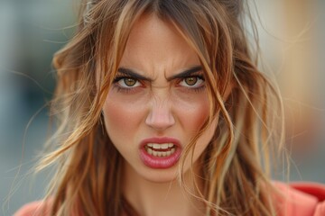 Poster - A close-up portrait of a woman with an angry expression. AI.