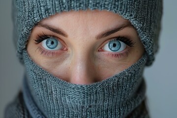 Canvas Print - A person with blue eyes looks directly at the camera. AI.