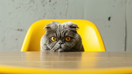 Wall Mural - A cat sits on a yellow chair looking at the camera with a serious expression. AI.