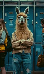 Wall Mural - A person wearing a llama head and jeans stands in front of lockers. AI.