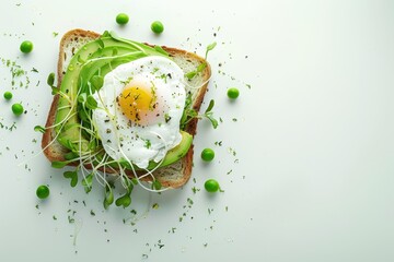 Poster - Top view of healthy breakfast with whole wheat toast avocado poached egg pea sprouts and cheese on white background