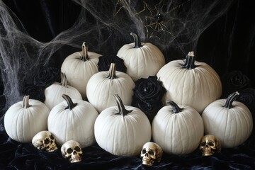 Halloween still life featuring white pumpkins, black roses, and golden skulls