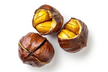 Wall Mural - Top view of isolated peeled chestnut on white background with full depth of field