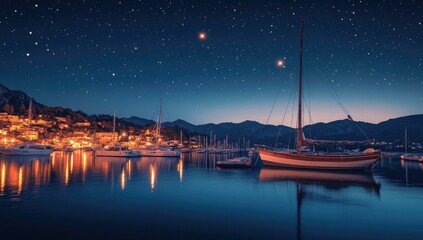 Wall Mural - Night harbor with sailboats and a starry sky.