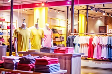 Modern clothing store interior with colorful shirts, clothes shop 