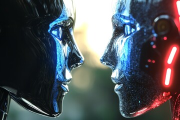 Two robots facing each other in a dramatic stare down symbolizing the conflict and cooperation between different AI entities or human robot interactions in a futuristic setting