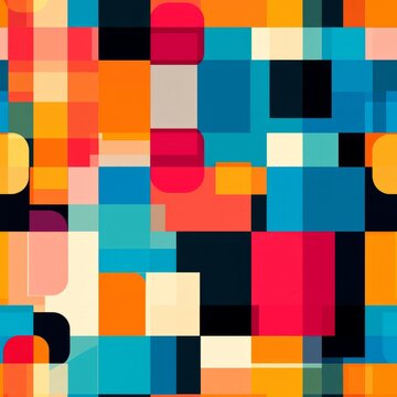 Seamless pattern of pixelated geometric shapes in bright colors