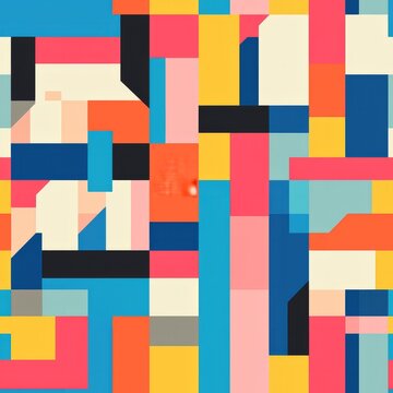 Seamless pattern of pixelated geometric shapes in bright colors
