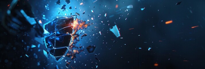 Aufkleber - A hacker breaks through a digital shield, sending shards flying in a dramatic display of a cybersecurity breach during a simulation. Generative AI