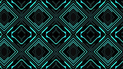 Wall Mural - Abstract geometrical cyber tech metaverse animation render digital web 3 horizontal dark design template blank with place for text. Geometrical cyan blue neon sci fi cyberpunk shapes interface hud hui