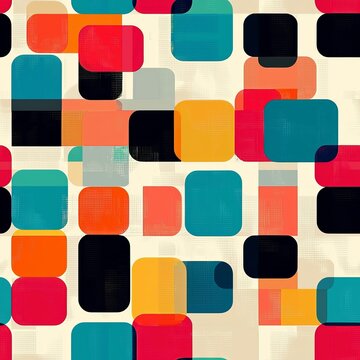 Seamless pattern of pixelated geometric shapes in bright colors