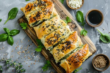 Poster - Top view of Turkish borek roll with spinach feta cumin on wooden board Traditional cuisine from East Mediterranean