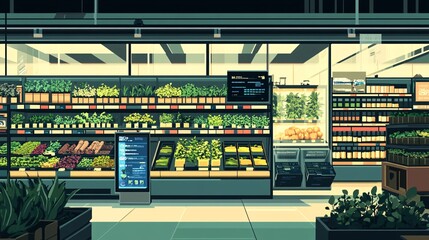 An illustration of a vertical farming system integrated into a retail space. The setup includes vertical racks with fresh herbs and vegetables. The background features a modern store environment with