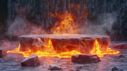 Wall Mural - Fire lava podium rock volcano background product magma display 3d scene stone floor. Platform lava podium mountain fire smoke stage hot outdoor ground geometric isolated blast abstract texture meteor