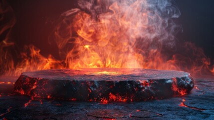 Wall Mural - Fire lava podium rock volcano background product magma display 3d scene stone floor. Platform lava podium mountain fire smoke stage hot outdoor ground geometric isolated blast abstract texture meteor