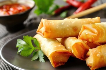 Poster - Traditional Asian appetizer choose between spring rolls or egg rolls with veggies and chili sauce