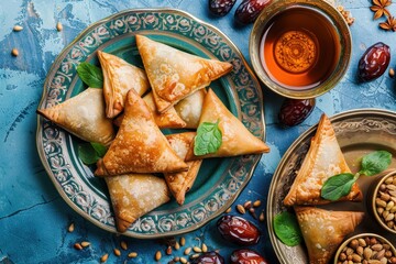 Sticker - Traditional Arabic spinach hand pies served with dates and tea on a blue stone background top view