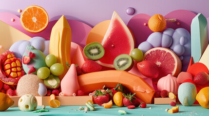 Colorful Still Life with Fruits and Geometric Shapes