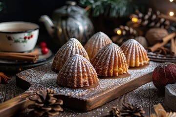 Poster - Traditional French madeleines baked with chestnut served on a wooden board for Christmas