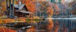 © itykhonova - Log cabin by the lake in the woods, water reflections in fall, secluded lake house getaway