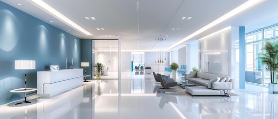 Modern white and blue open space office interior