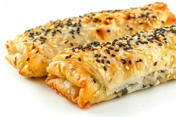 Poster - Traditional Turkish borek rolls with spinach cheese and sesame seeds on white background