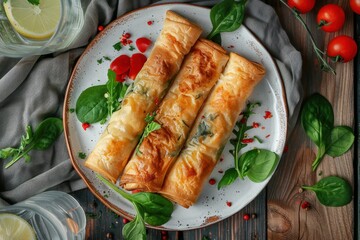 Sticker - Traditional Turkish pastry rulo borek and Greek spinach and cheese pie on fabric tablecloth