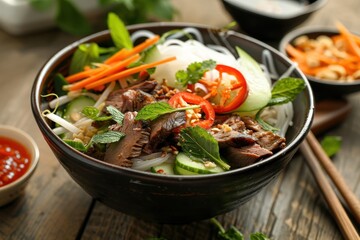 Wall Mural - Traditional Vietnamese noodle salad with beef rice noodles herbs pickled vegetables fish sauce Bun Bo Nam Bo