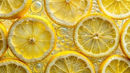 Vibrant Yellow Lemon Slices in Sparkling Water Overhead Perspective