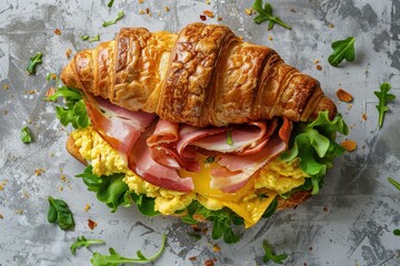 Poster - Turkey ham eggs cheese lettuce on a croissant Gray background Top view