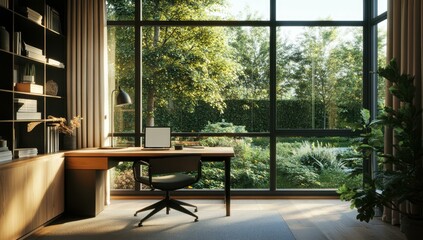 Poster - Modern office with laptop, window view of nature.