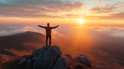 A man standing on a mountain peak with arms outstretched at sunset, embracing the beauty of the moment.