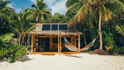 Wall Mural - Tropical hut with solar panels and hammock on beach.