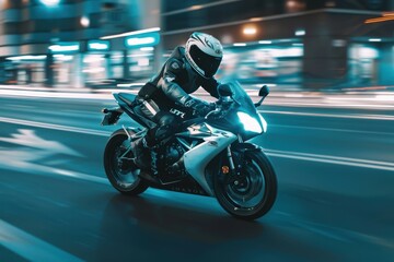 Wall Mural - Young man on sport motorbike riding fast through city streets at night Motorcyclist racing on empty road for freedom and hobby Guy on bike s