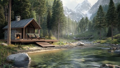 Wall Mural - Cabin by a river with mountains in the background.