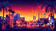 © angsana - Las Vegas at night, featuring bright neon lights on the streets, famous casinos Palm trees and an orange sunset in the background match the style of the city.along with smiling tourists enjoying