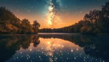 Wall Mural - Milky Way reflected in still lake.