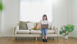 © paulaphoto - Asian beautiful lady with bwork at the notebook sit down on the sofa at home, technology woman concept for alternative office freelance Young happy Asian woman using laptop on her lap with pet dog