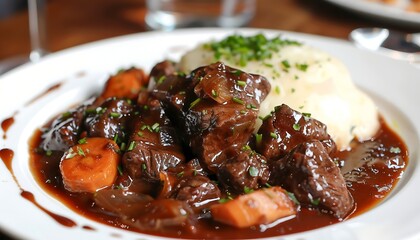 Wall Mural - Beef Bourguignon with potatoes and sauce on a white plate