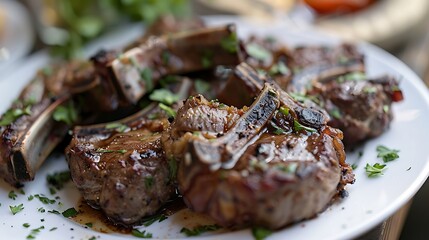 Wall Mural - Plate with tasty lamb ribs on dark background