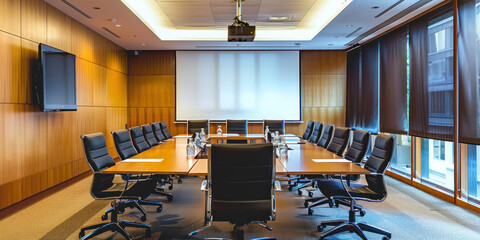 Poster - A modern conference room with large table, black chairs, and projector screen, exuding professional atmosphere. 