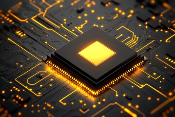 A microchip on a glowing circuit board representing the core of computing technology and the power of innovation in the digital world