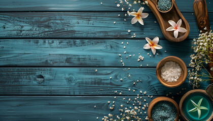 Poster - Spa treatments on blue wooden table