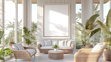 Mockup of a modern,coastal-inspired sunroom featuring a white background frame,panoramic window views,wicker furniture,and striped color accents for a tranquil,serene atmosphere.