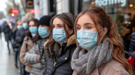 Airport scene Illustrate passengers wearing masks while waiting in line for check-in or security screening at the airport, emphasizing the