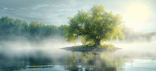 Aufkleber - During the summer, a large tree with green leaves stands on the riverbank, surrounded by sunlight and fog. Generative AI.