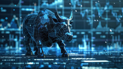Aufkleber - A digital bull symbolizes market growth and optimism, set against backdrop of financial data and graphs. image conveys sense of strength and confidence in financial market. 