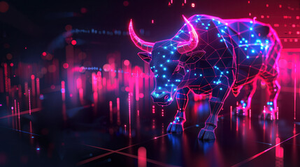 Poster - A digital bull with glowing geometric patterns stands confidently amidst vibrant data streams, symbolizing strength and market optimism. 